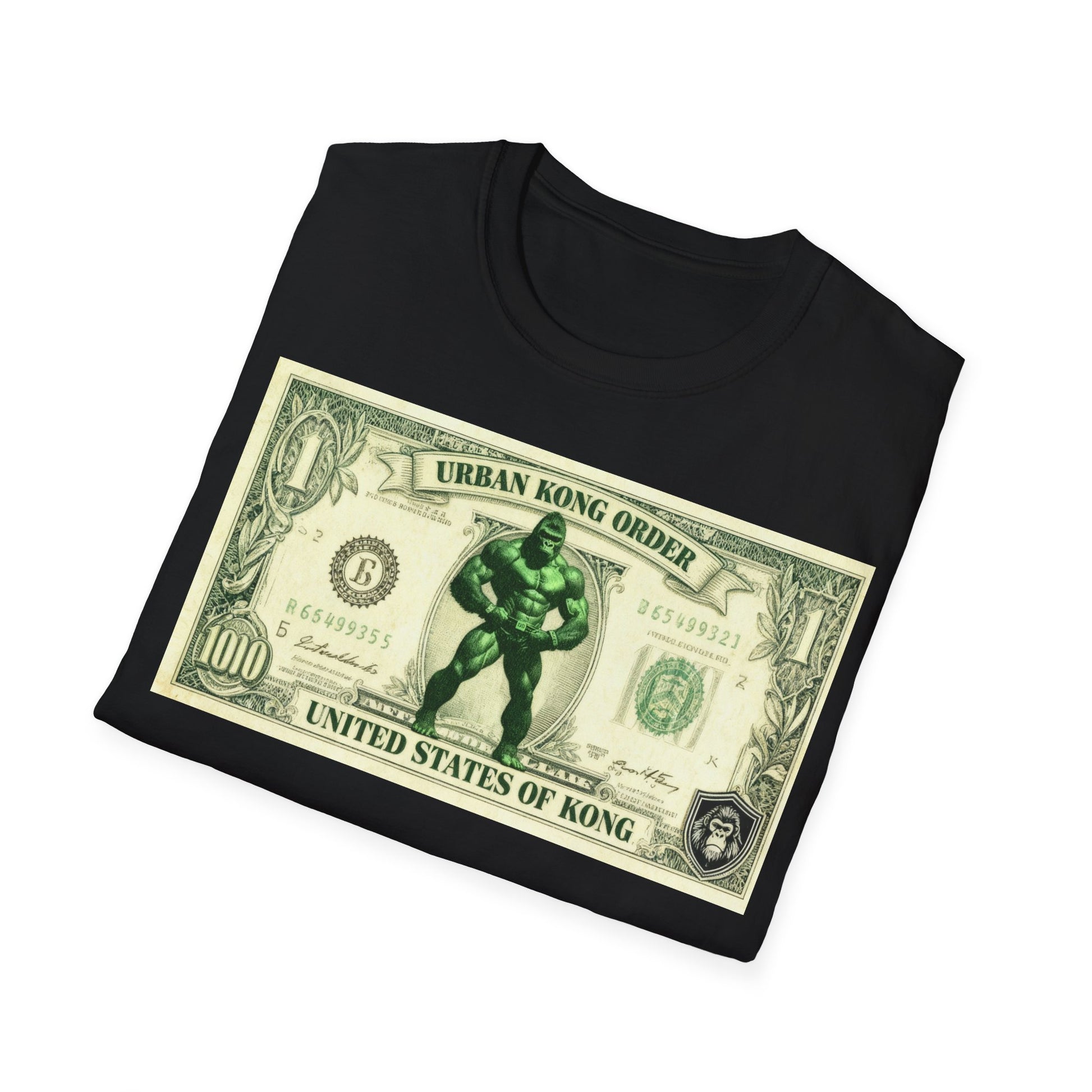 Black t-shirt with a graphic design of a superhero on a dollar bill template, labeled 'United States of Kong'.