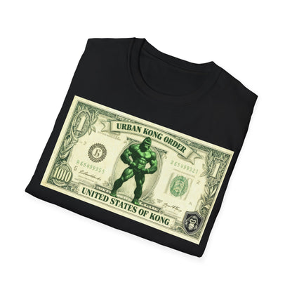 Black t-shirt with a graphic design of a superhero on a dollar bill template, labeled 'United States of Kong'.
