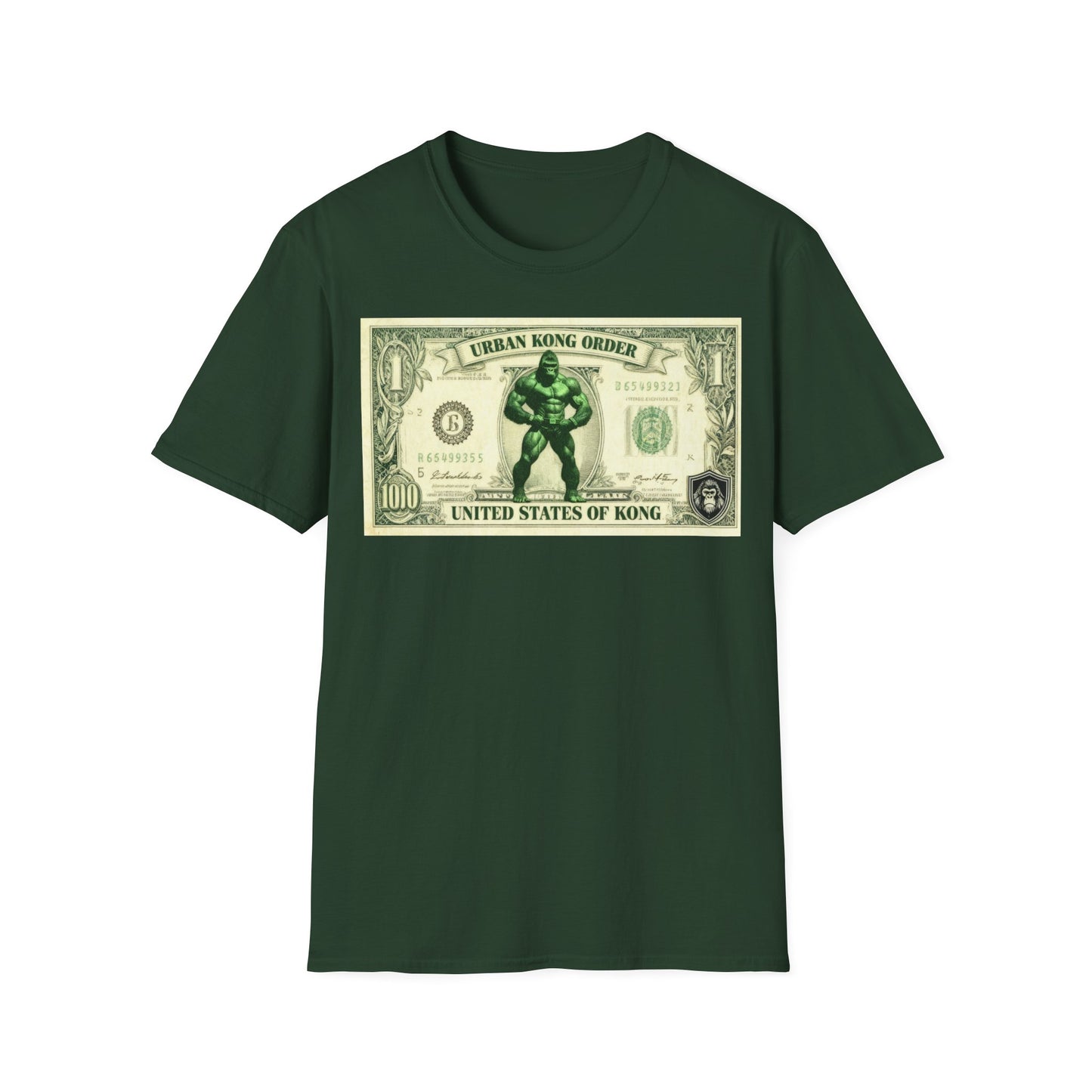 Dark Green t-shirt with a graphic of a superhero on a dollar bill design.