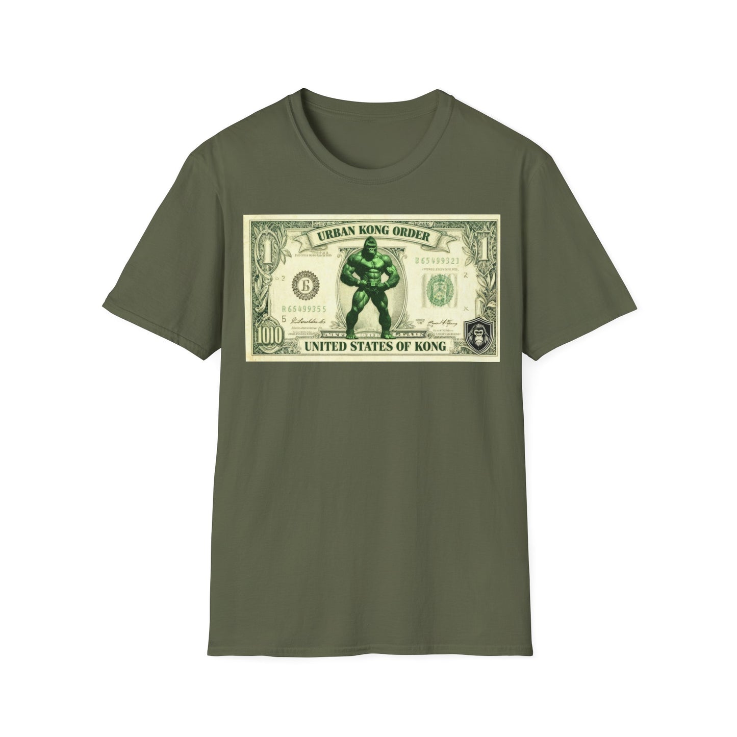 Green t-shirt with a graphic of a character holding a dollar bill on a white background