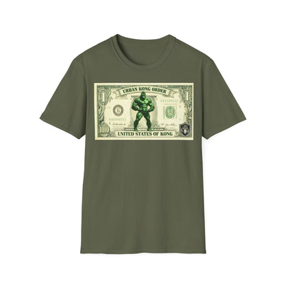 Green t-shirt with a graphic of a character holding a dollar bill on a white background