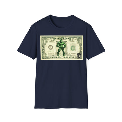 Navy blue t-shirt with a graphic of a character holding a dollar bill on a white background