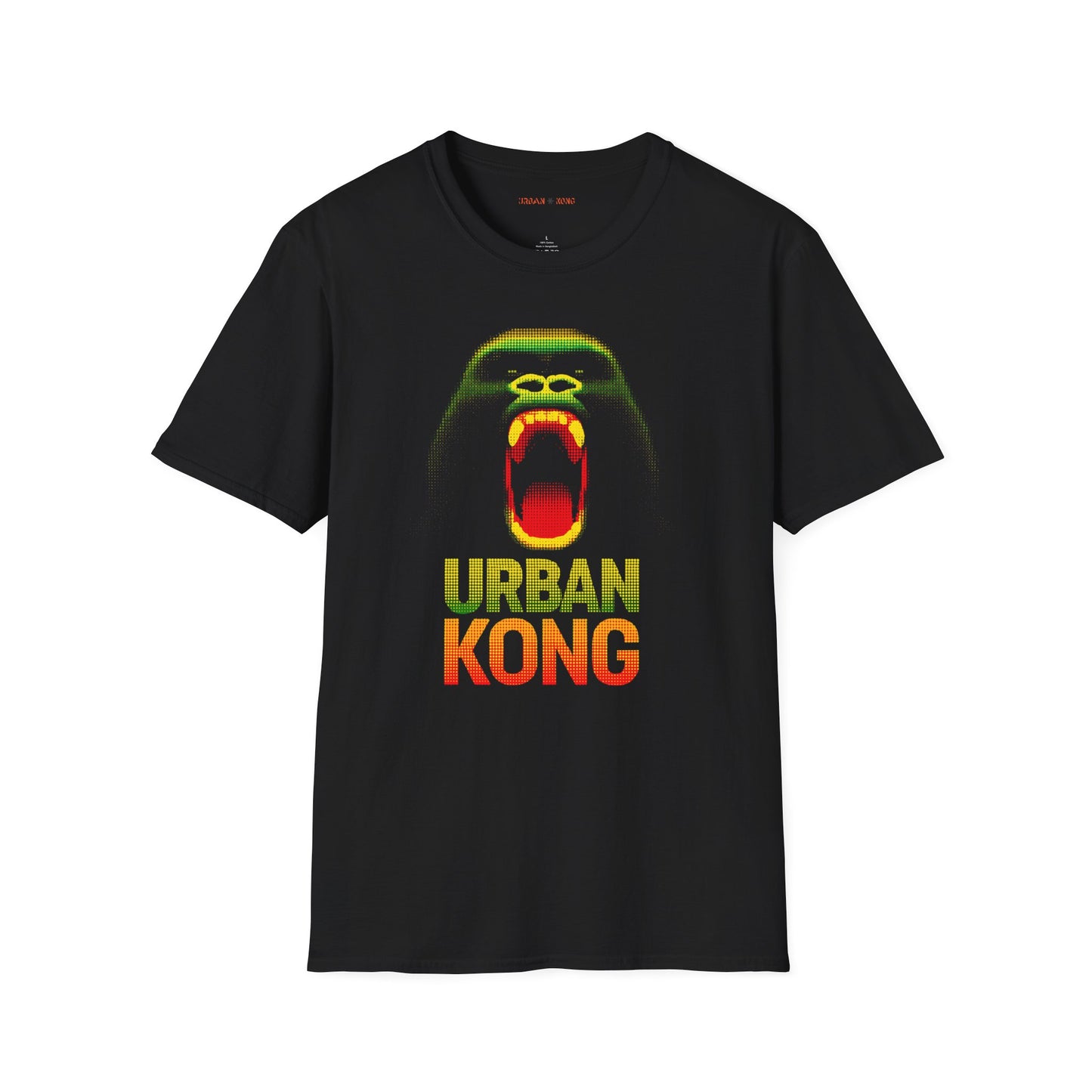 Black t-shirt featuring a pixelated art gorilla graphic in green, yellow, and red, with the text 'URBAN KONG' below in matching colors.
