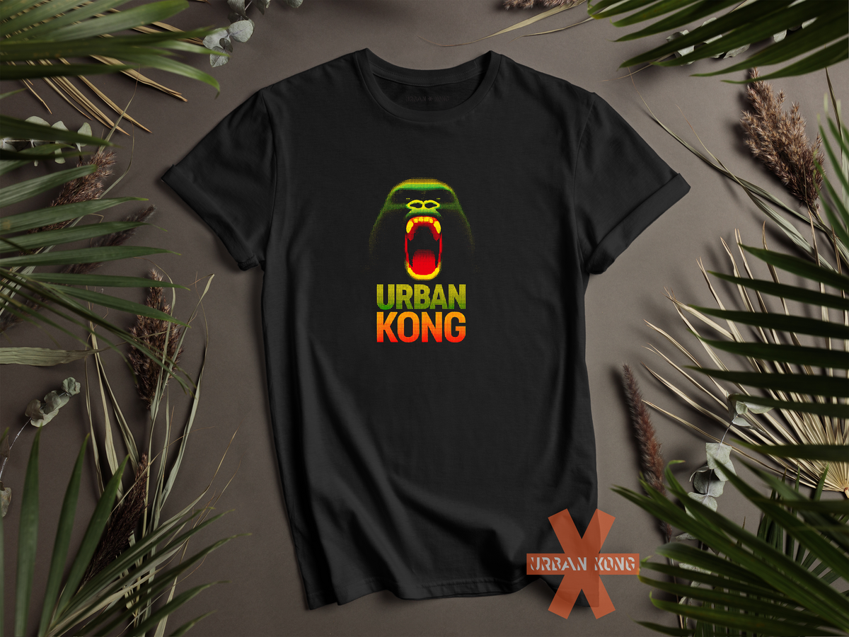 Black t-shirt featuring a pixelated art gorilla graphic in green, yellow, and red, with the text 'URBAN KONG' below in matching colors.