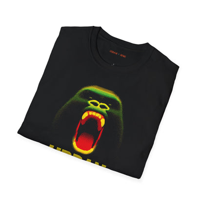 Folded black t-shirt featuring a pixelated art gorilla graphic in green, yellow, and red, with the text 'URBAN KONG' below in matching colors.