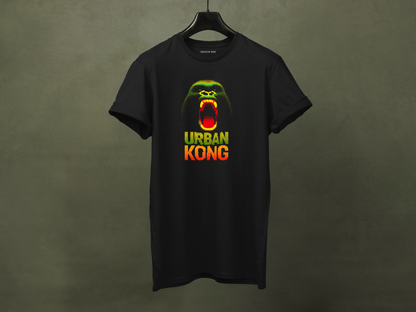 Black t-shirt on hanger featuring a pixelated art gorilla graphic in green, yellow, and red, with the text 'URBAN KONG' below in matching colors.