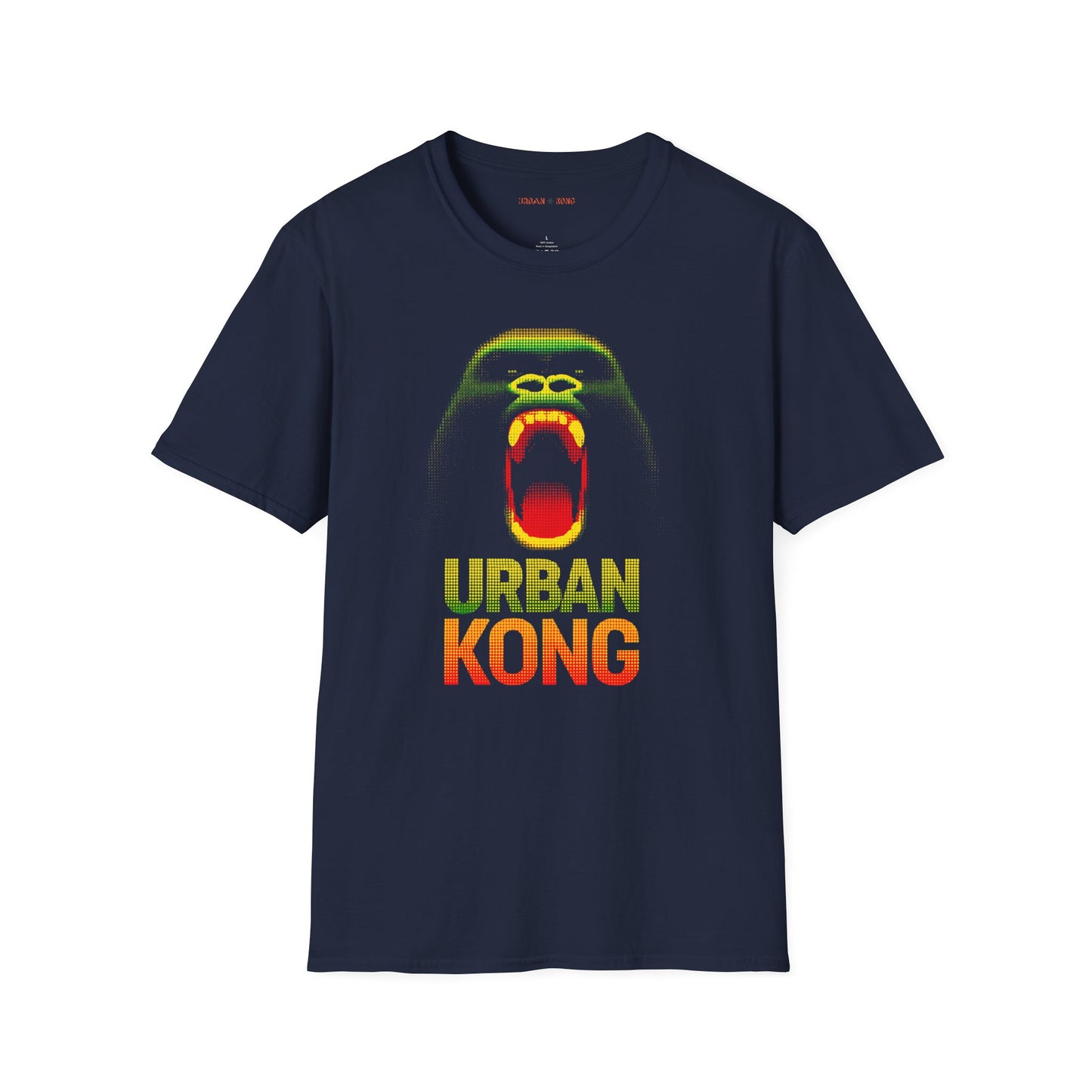 Blue t-shirt featuring a pixelated art gorilla graphic in green, yellow, and red, with the text 'URBAN KONG' below in matching colors.