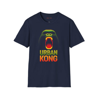 Blue t-shirt featuring a pixelated art gorilla graphic in green, yellow, and red, with the text 'URBAN KONG' below in matching colors.