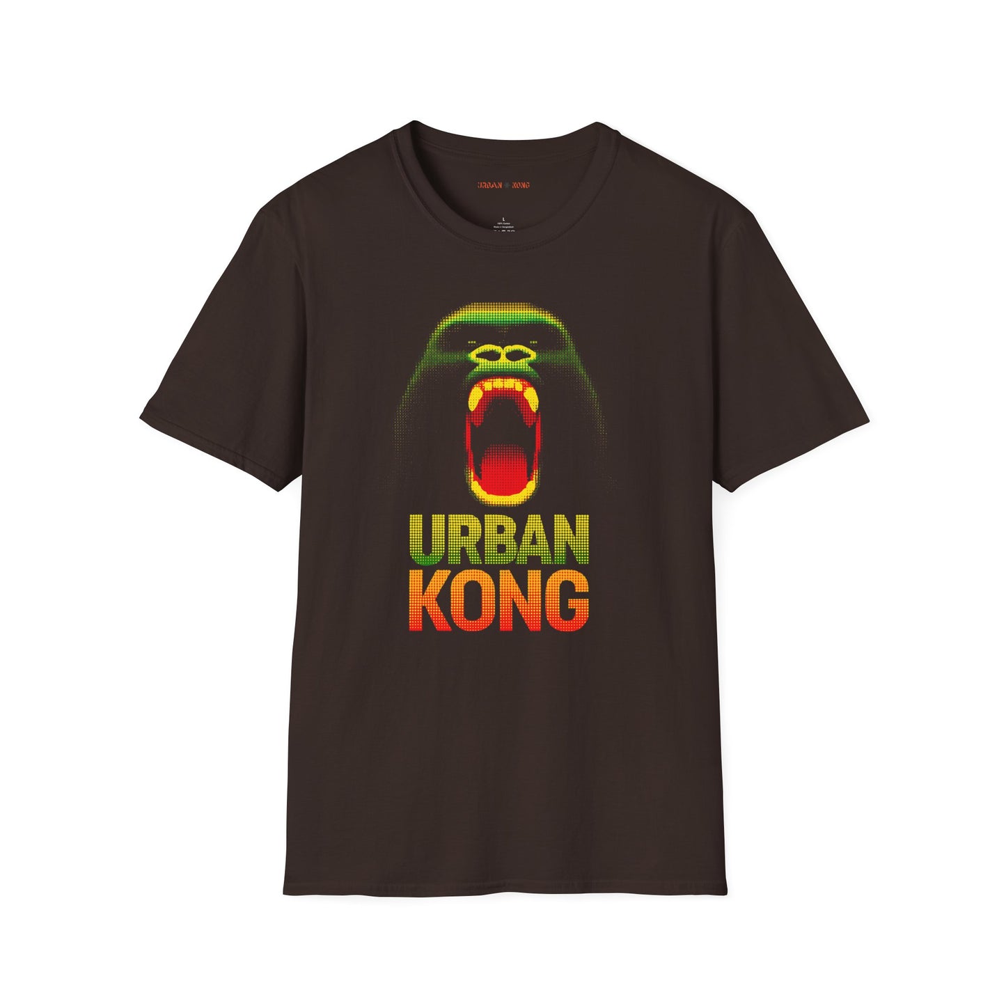 Brown t-shirt featuring a pixelated art gorilla graphic in green, yellow, and red, with the text 'URBAN KONG' below in matching colors.