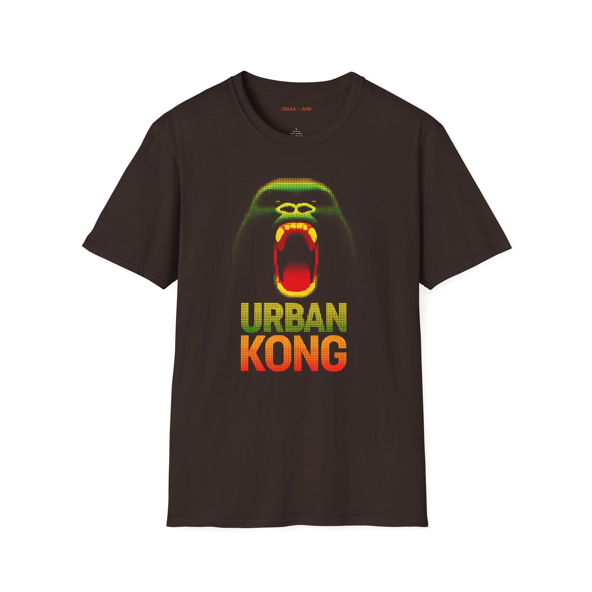 Brown t-shirt featuring a pixelated art gorilla graphic in green, yellow, and red, with the text 'URBAN KONG' below in matching colors.