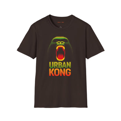Brown t-shirt featuring a pixelated art gorilla graphic in green, yellow, and red, with the text 'URBAN KONG' below in matching colors.
