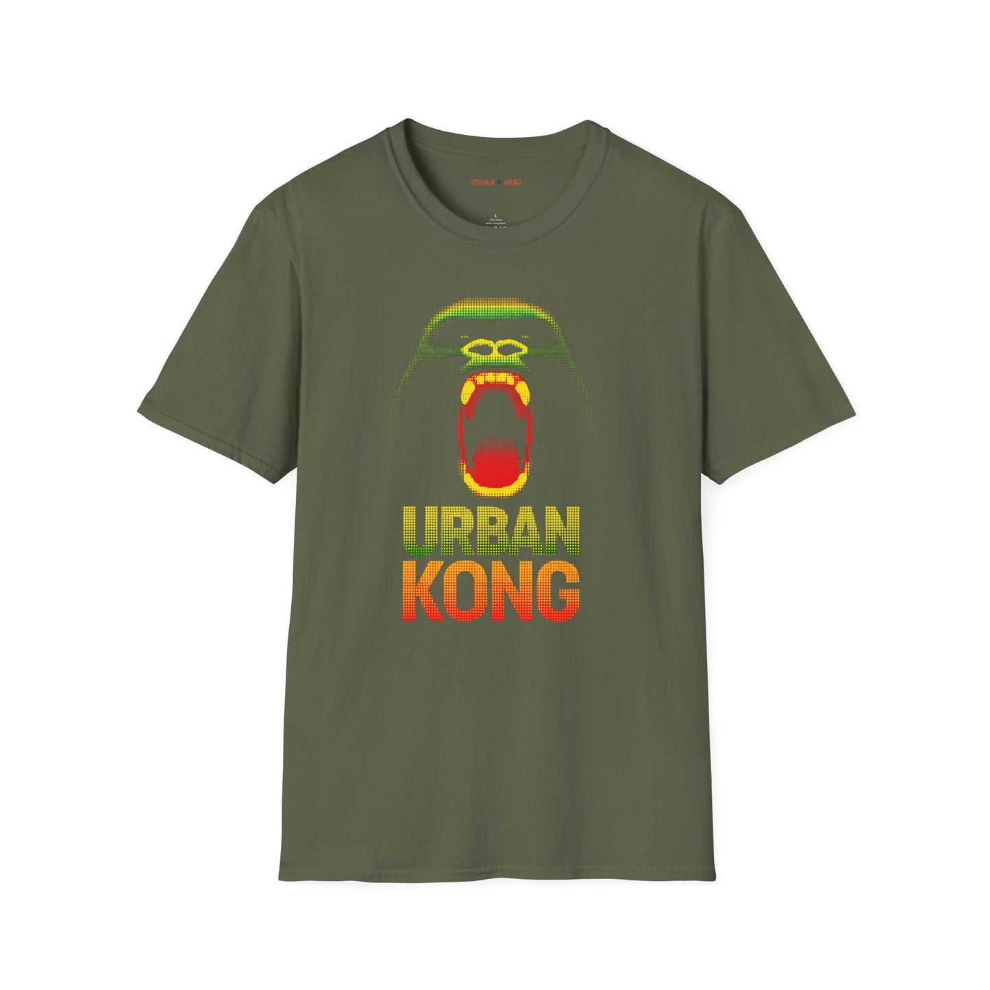 Green t-shirt featuring a pixelated art gorilla graphic in green, yellow, and red, with the text 'URBAN KONG' below in matching colors.