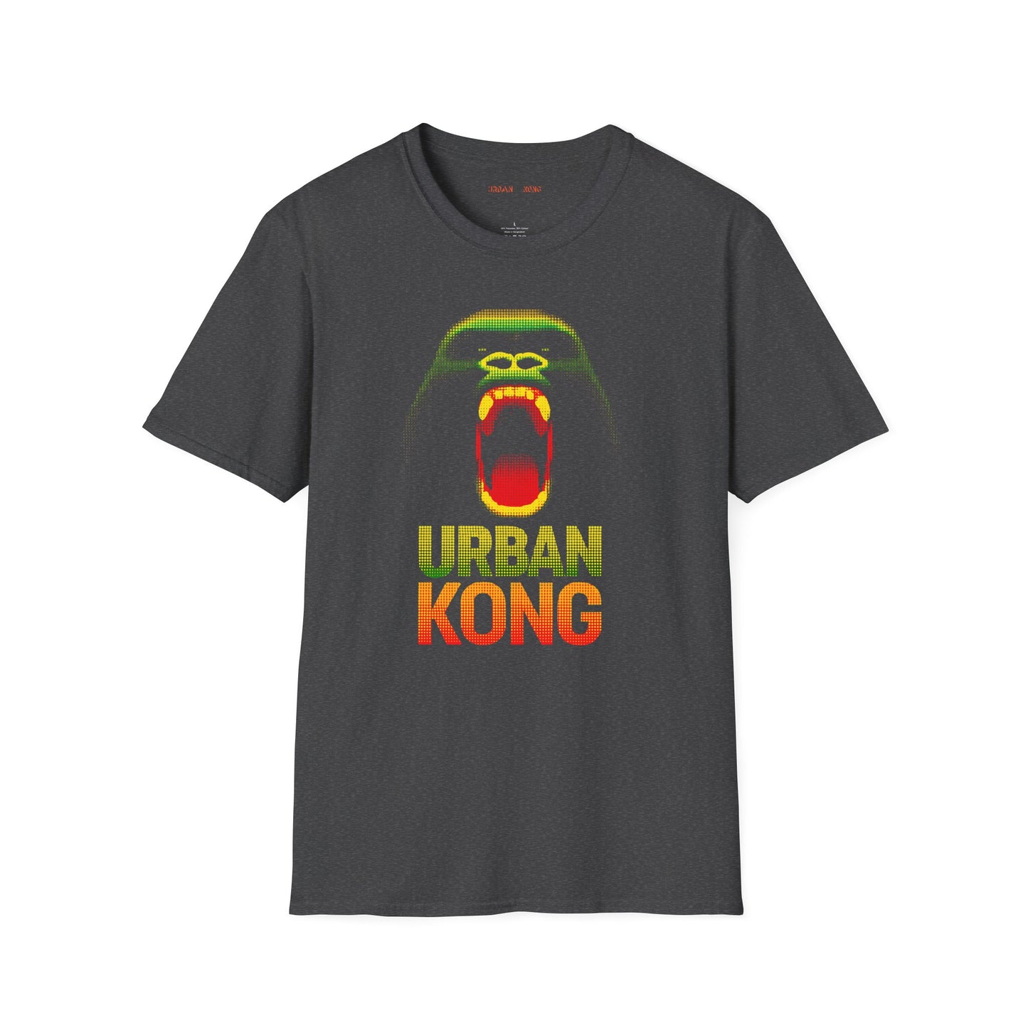 Grey t-shirt featuring a pixelated art gorilla graphic in green, yellow, and red, with the text 'URBAN KONG' below in matching colors.