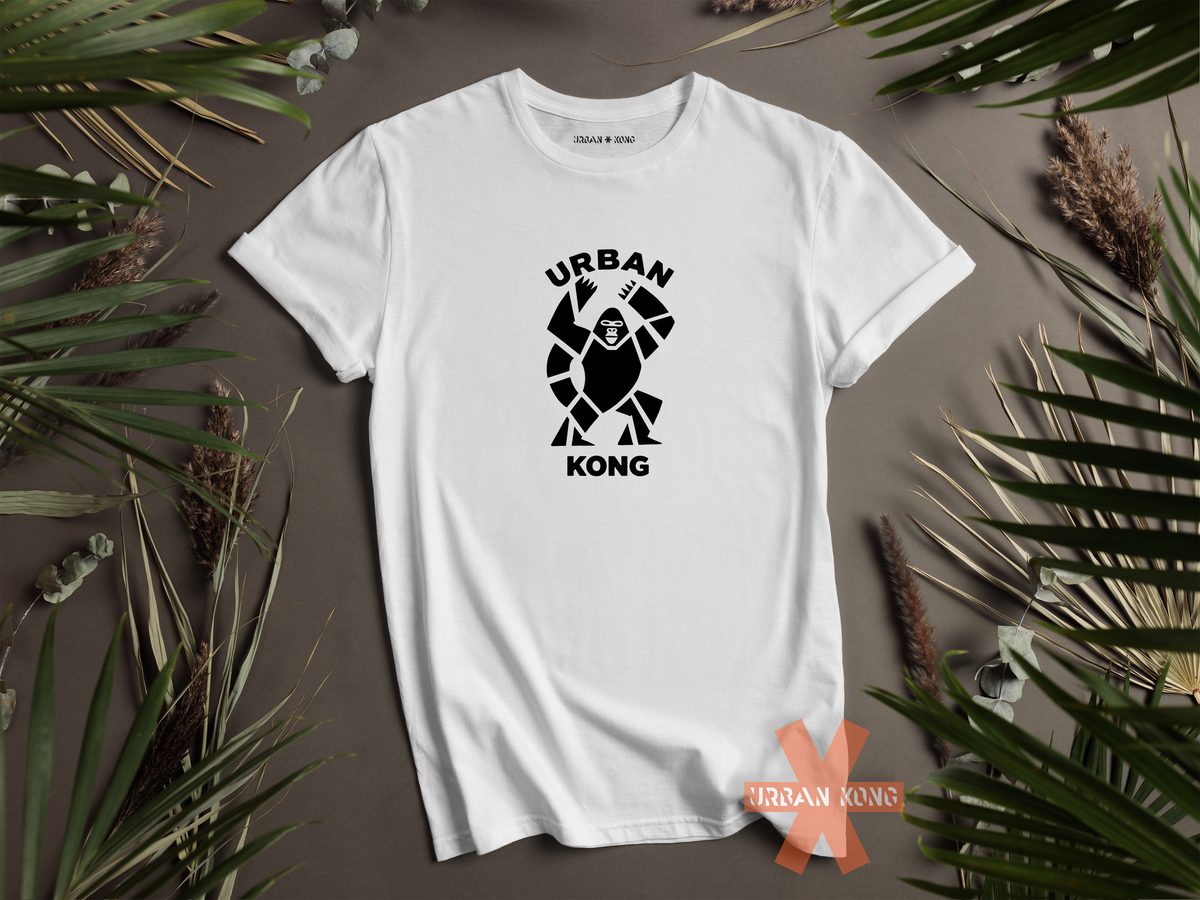 White streetwear t-shirt featuring a stylised graphic of a roaring gorilla in black 'URBAN' text above his head and  'KONG' below.