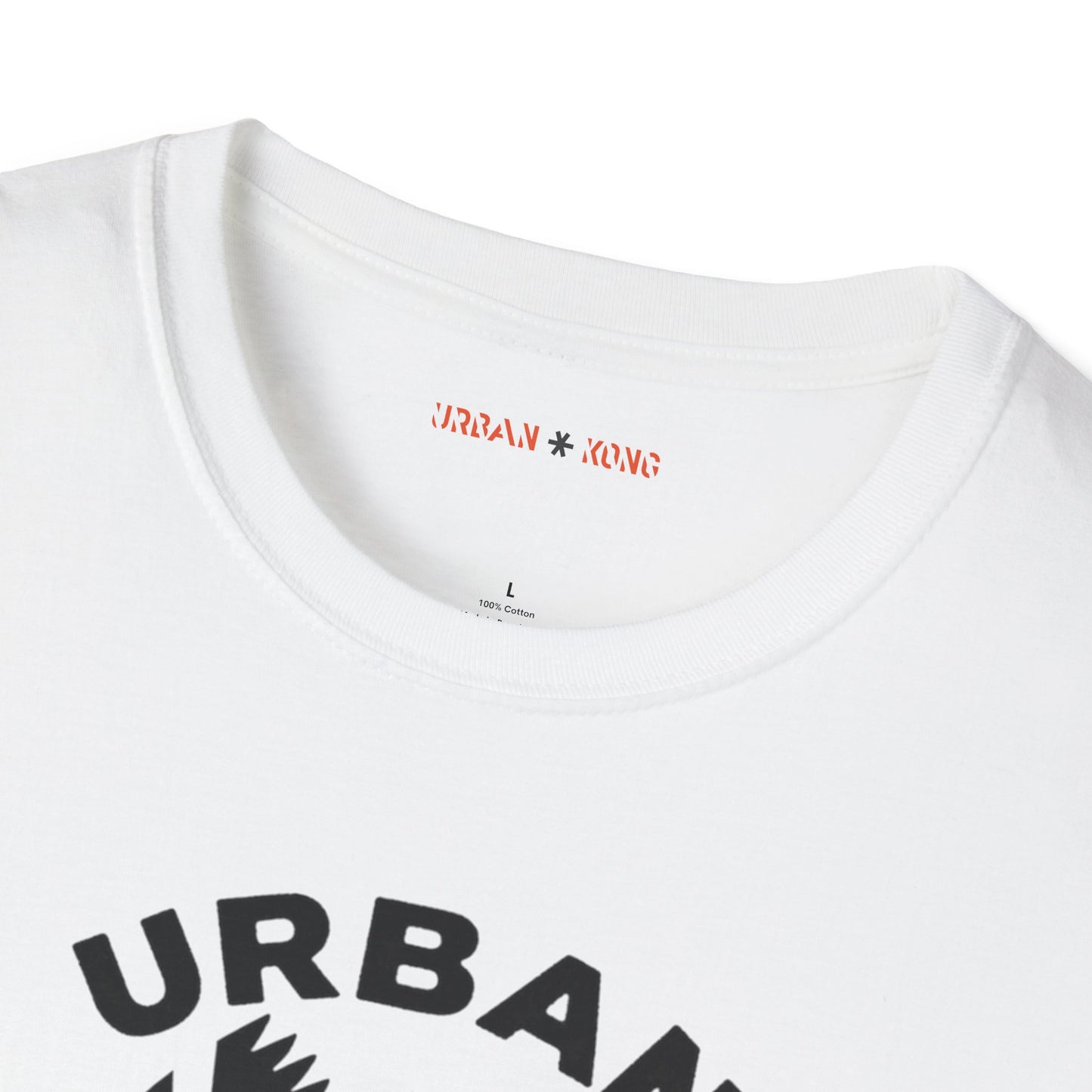 Label closeup white streetwear t-shirt featuring a stylised graphic of a roaring gorilla in black 'URBAN' text above his head and  'KONG' below.