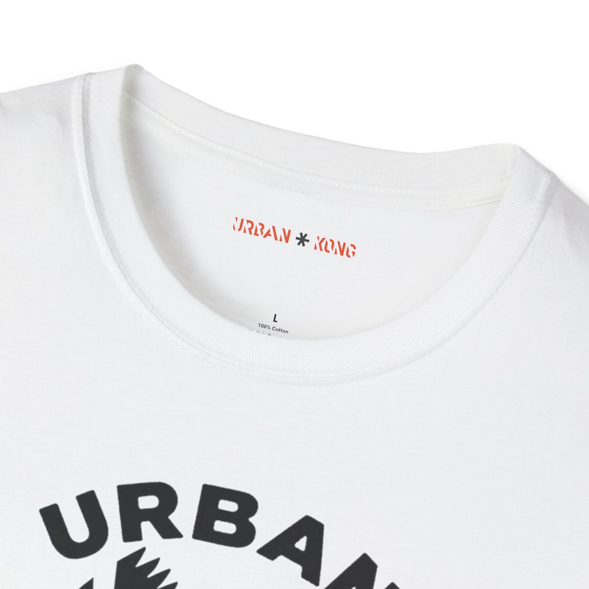 Label closeup white streetwear t-shirt featuring a stylised graphic of a roaring gorilla in black 'URBAN' text above his head and  'KONG' below.