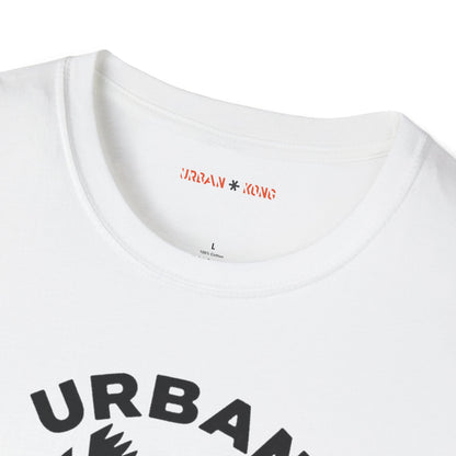 Label closeup white streetwear t-shirt featuring a stylised graphic of a roaring gorilla in black 'URBAN' text above his head and  'KONG' below.