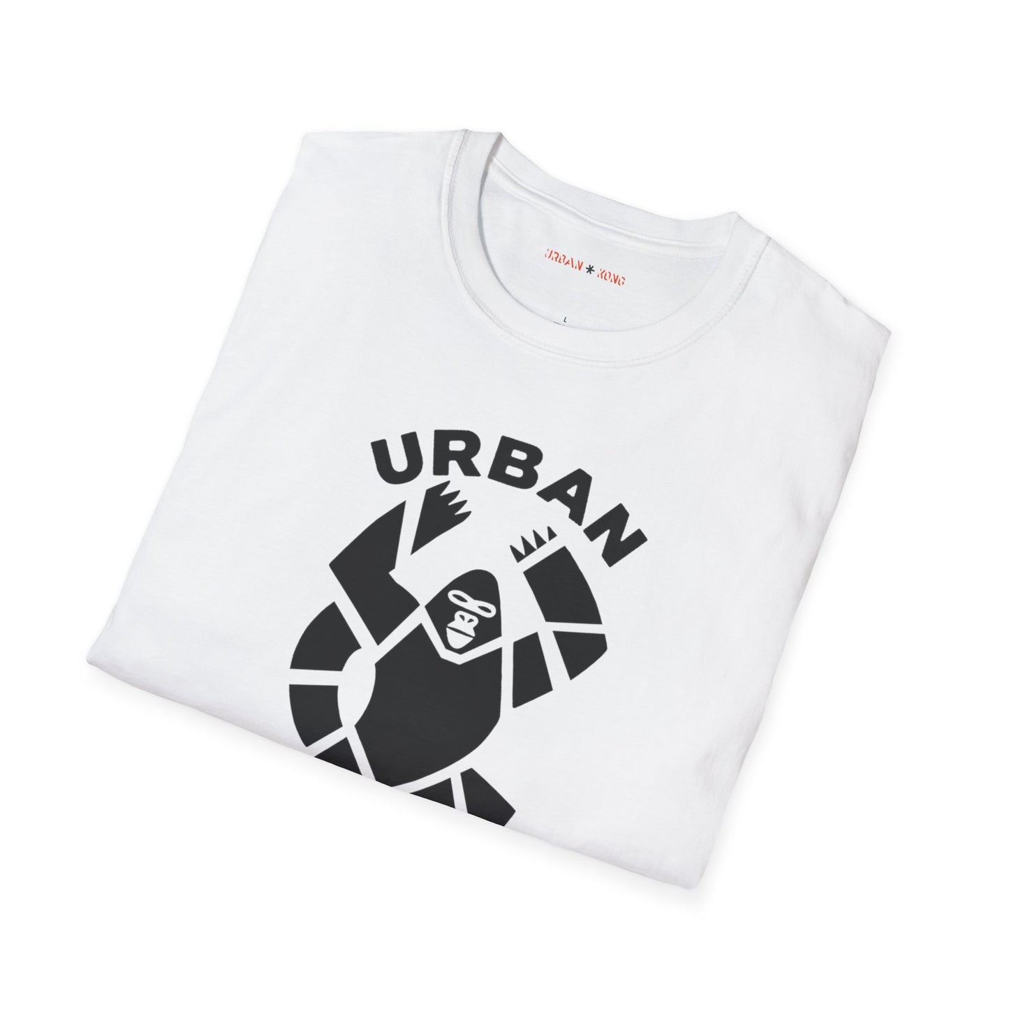 Folded white streetwear t-shirt featuring a stylised graphic of a roaring gorilla in black 'URBAN' text above his head and  'KONG' below.