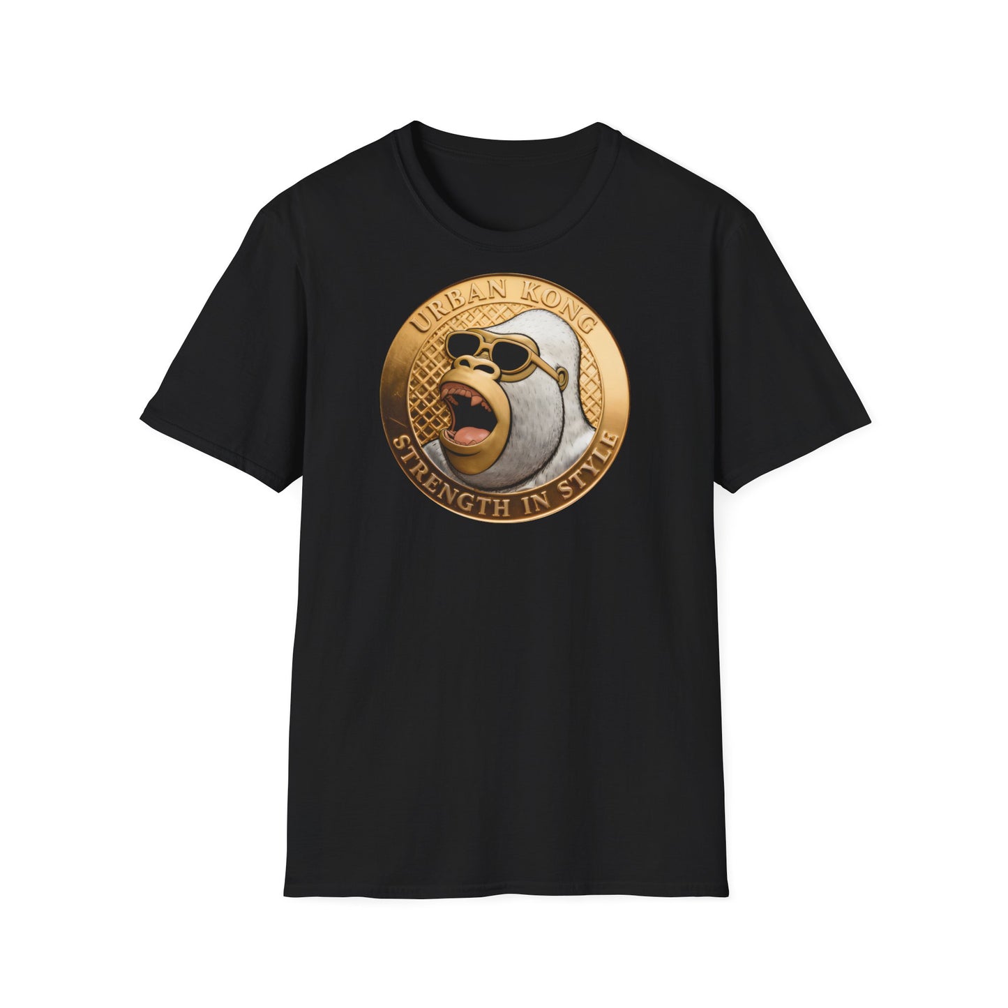 Black t-shirt with a graphic design of a monkey wearing sunglasses and a gold emblem on a white background