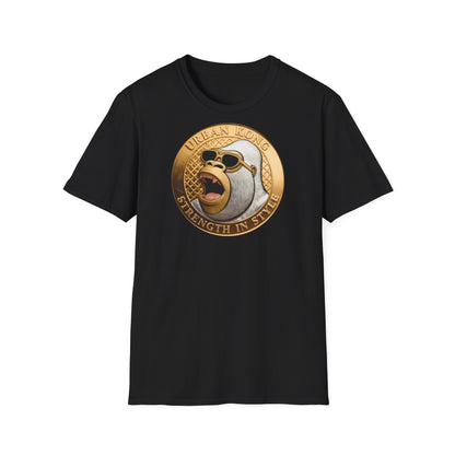 Black t-shirt with a graphic design of a monkey wearing sunglasses and a gold emblem on a white background