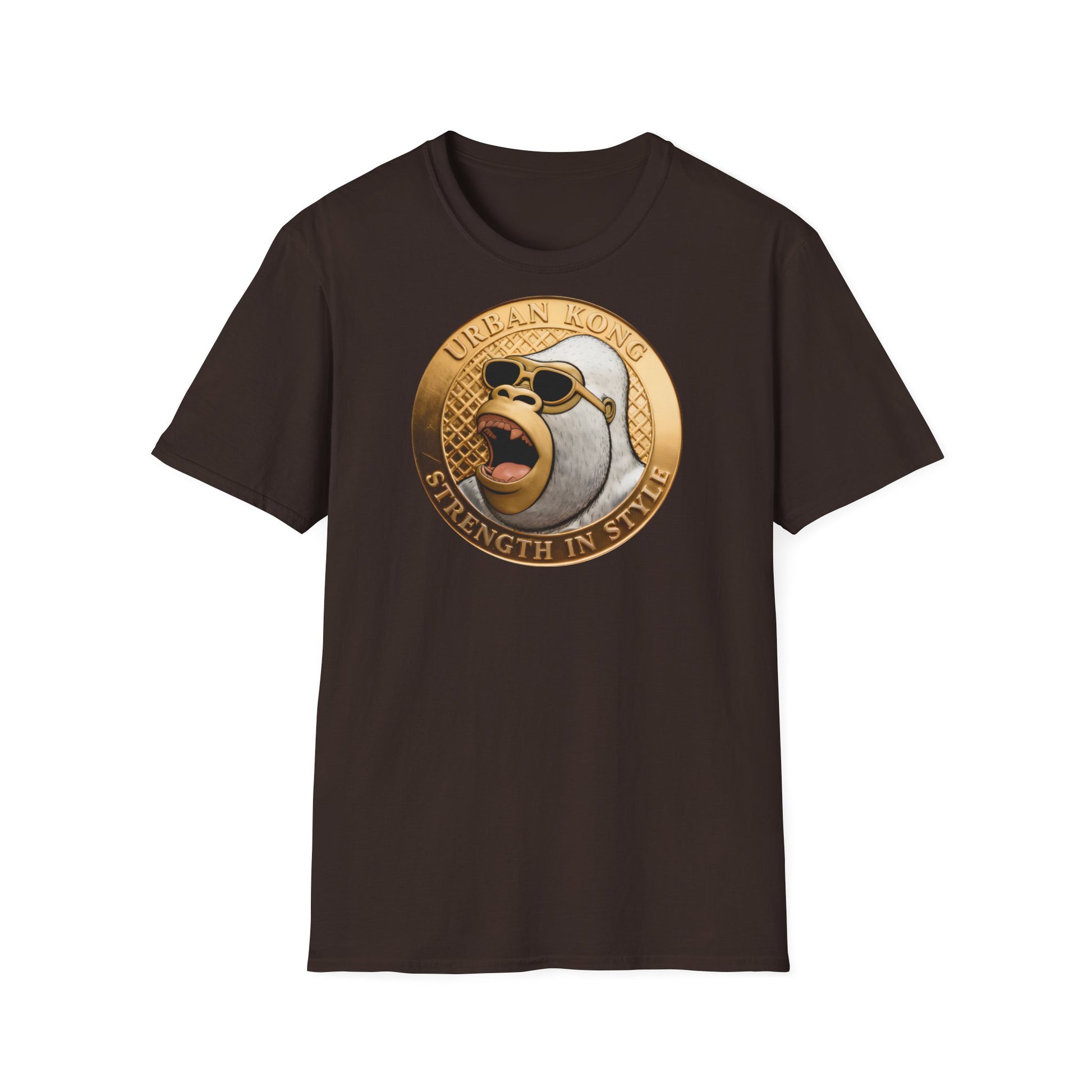 Brown t-shirt with a graphic design of a gorilla and text on a white background