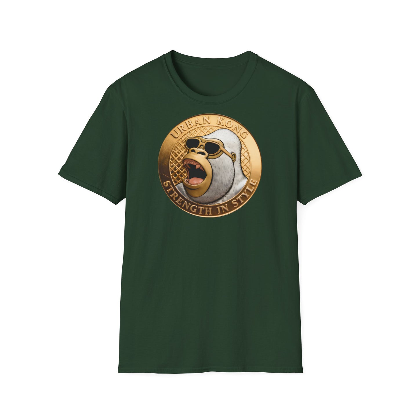 Green t-shirt with a graphic design of a monkey wearing sunglasses and text on a white background