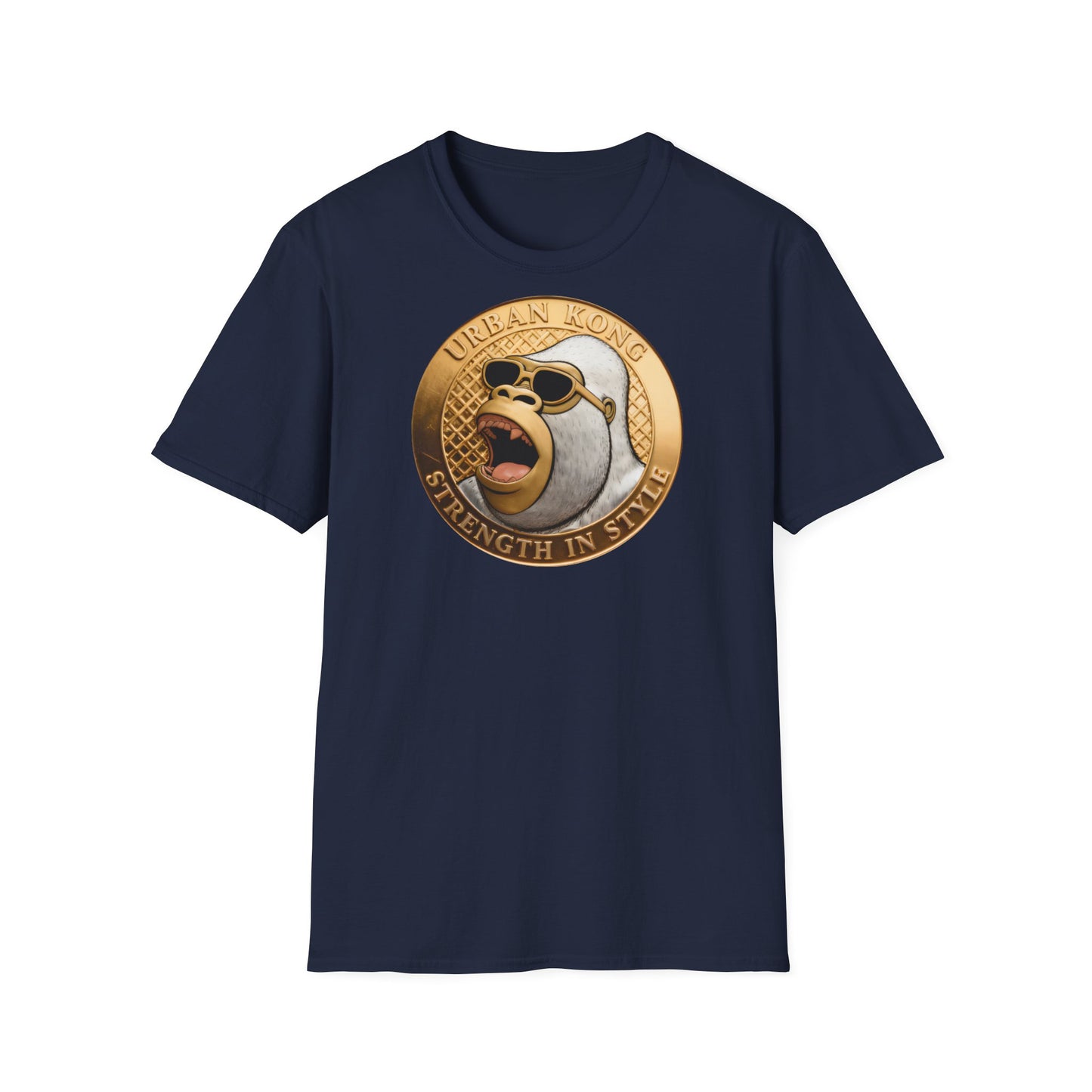 Navy blue t-shirt with a graphic design of a gorilla and text on a white background
