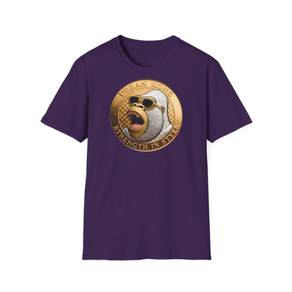 Purple t-shirt with a graphic design of a sloth wearing sunglasses and text on a white background