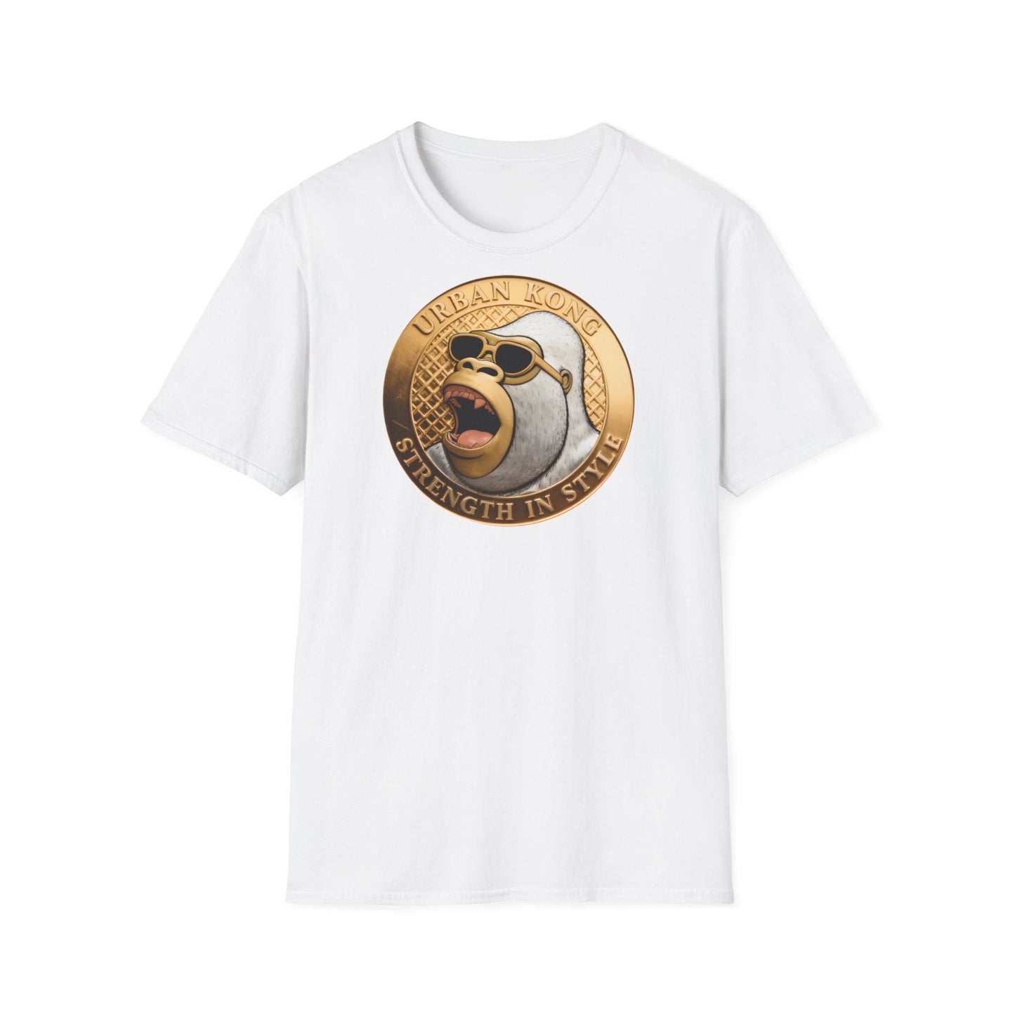 White t-shirt with a gold and gray graphic design on a white background