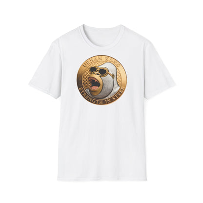 White t-shirt with a gold and gray graphic design on a white background