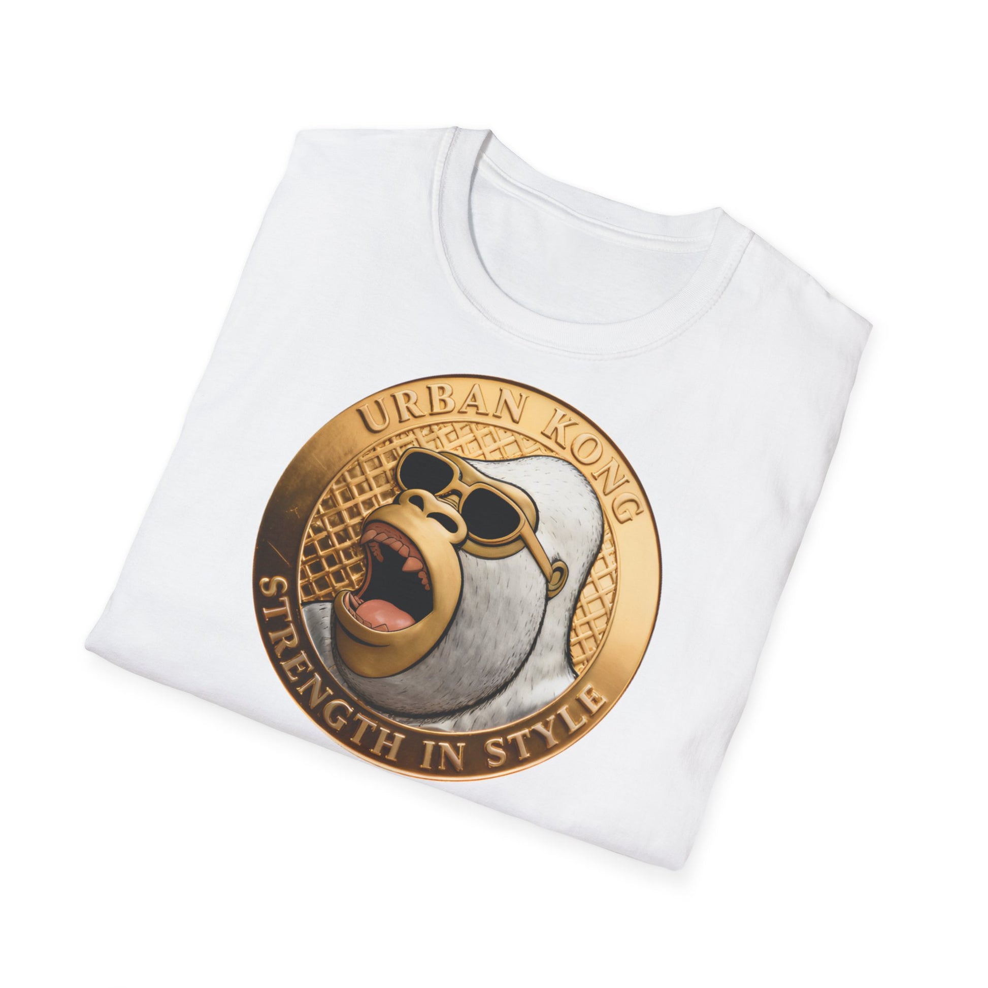 White t-shirt with a graphic design of a gorilla wearing sunglasses and the text 'Urban Kong Strength in Style' on a white background.