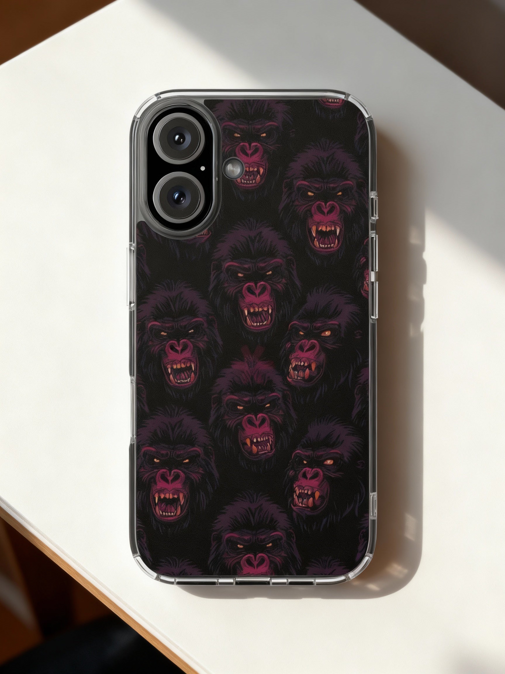 Phone case with gorilla pattern on a white surface