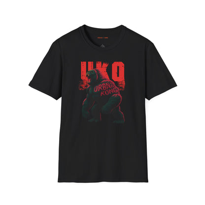 Black streetwear t-shirt with a dark and stylised graphic of a roaring gorilla, featuring red accents and large red 'UKO' text in the background.