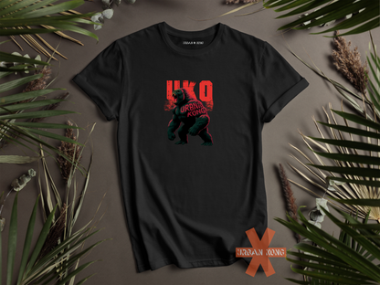 Black streetwear t-shirt with a dark and stylised graphic of a roaring gorilla, featuring red accents and large red 'UKO' text in the background.
