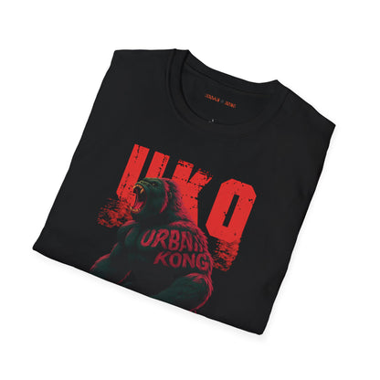 Folded black streetwear t-shirt with a dark and stylised graphic of a roaring gorilla, featuring red accents and large red 'UKO' text in the background.
