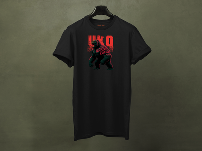 Hanged black streetwear t-shirt with a dark and stylised graphic of a roaring gorilla, featuring red accents and large red 'UKO' text in the background.