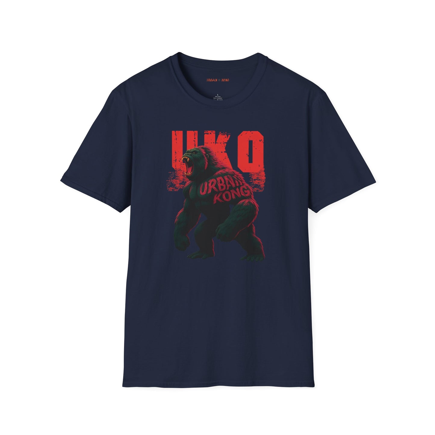 Blue streetwear t-shirt with a dark and stylised graphic of a roaring gorilla, featuring red accents and large red 'UKO' text in the background.