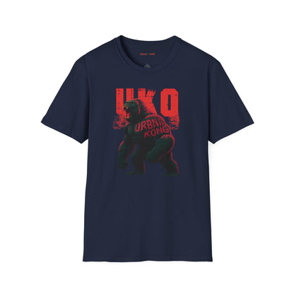 Blue streetwear t-shirt with a dark and stylised graphic of a roaring gorilla, featuring red accents and large red 'UKO' text in the background.