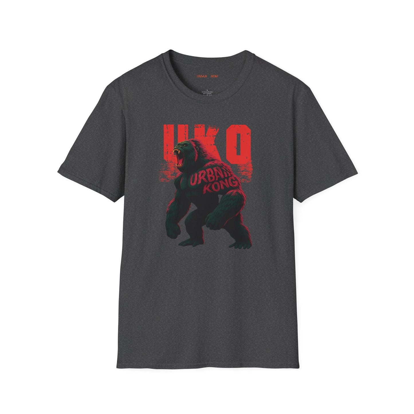 Grey streetwear t-shirt with a dark and stylised graphic of a roaring gorilla, featuring red accents and large red 'UKO' text in the background.