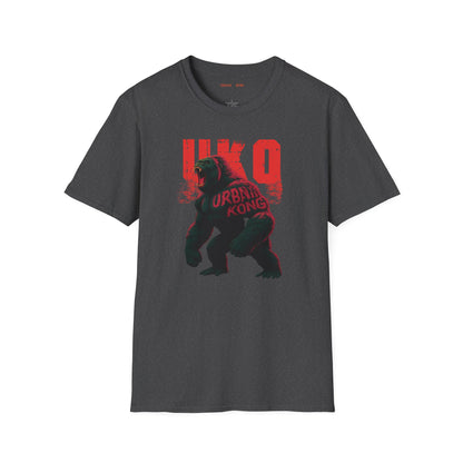 Grey streetwear t-shirt with a dark and stylised graphic of a roaring gorilla, featuring red accents and large red 'UKO' text in the background.