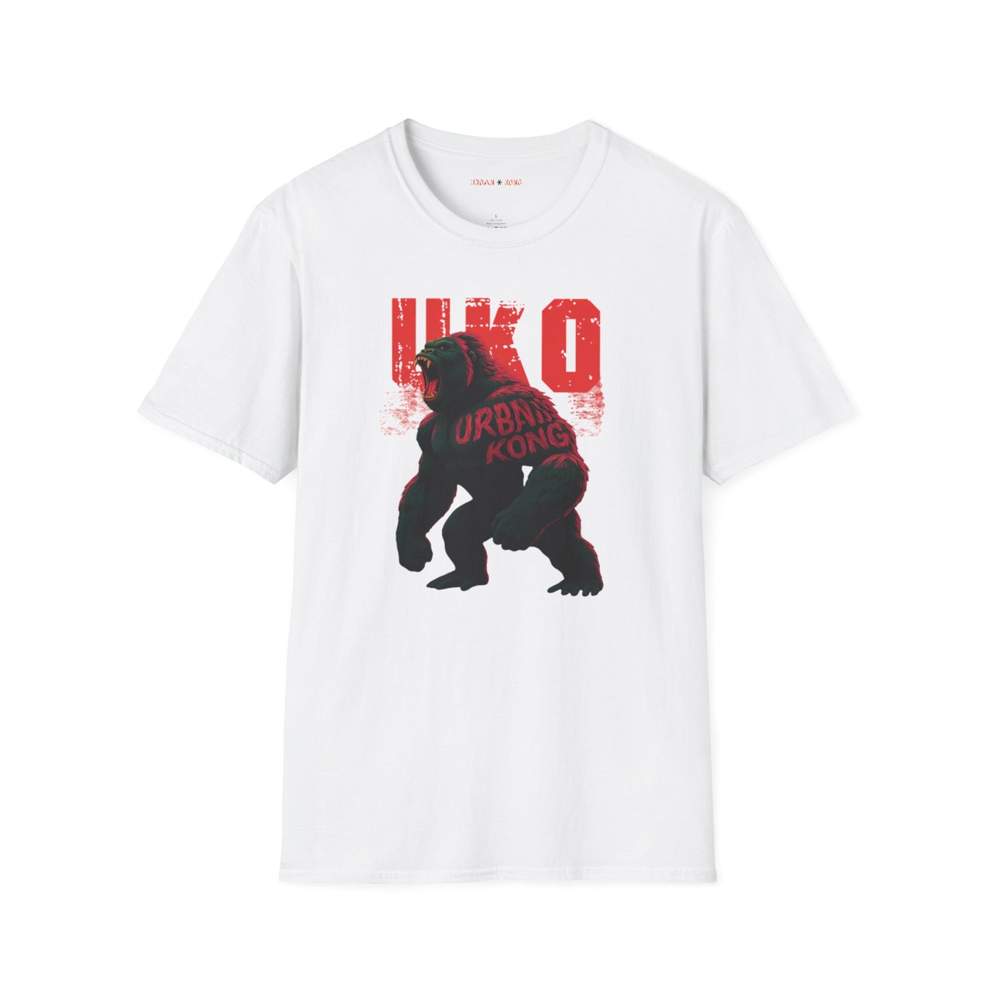 White streetwear t-shirt with a dark and stylised graphic of a roaring gorilla, featuring red accents and large red 'UKO' text in the background.