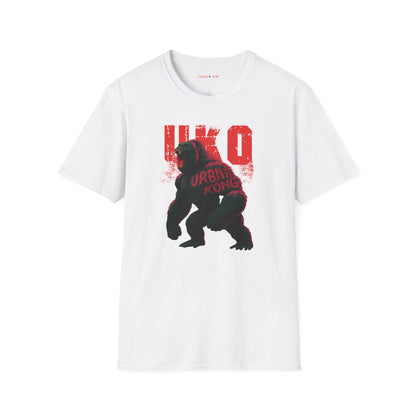 White streetwear t-shirt with a dark and stylised graphic of a roaring gorilla, featuring red accents and large red 'UKO' text in the background.