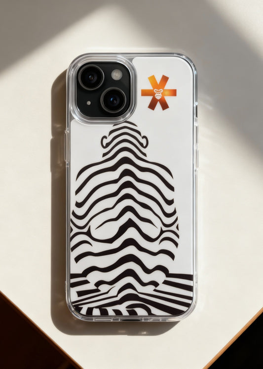 Phone case with zebra pattern and brand logo on a light background