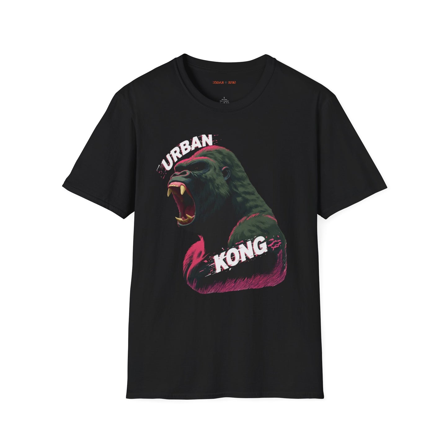 Black streetwear t-shirt featuring a graphic of a roaring gorilla in green and purple with 'URBAN' text above his head and  'KONG' below.