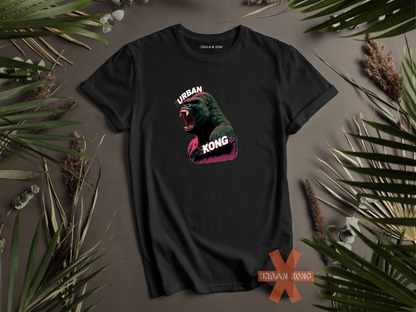 Black streetwear t-shirt featuring a graphic of a roaring gorilla in green and purple with 'URBAN' text above his head and  'KONG' below.