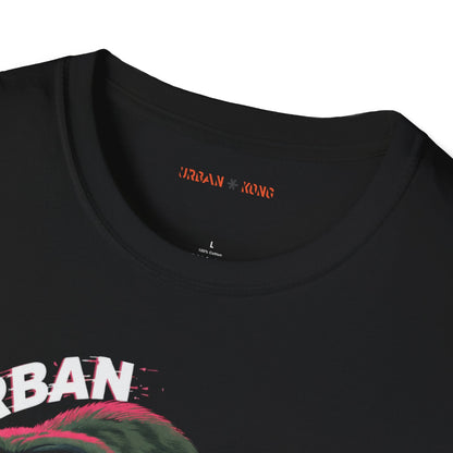 Label closeup black streetwear t-shirt featuring a graphic of a roaring gorilla in green and purple with 'URBAN' text above his head and  'KONG' below.