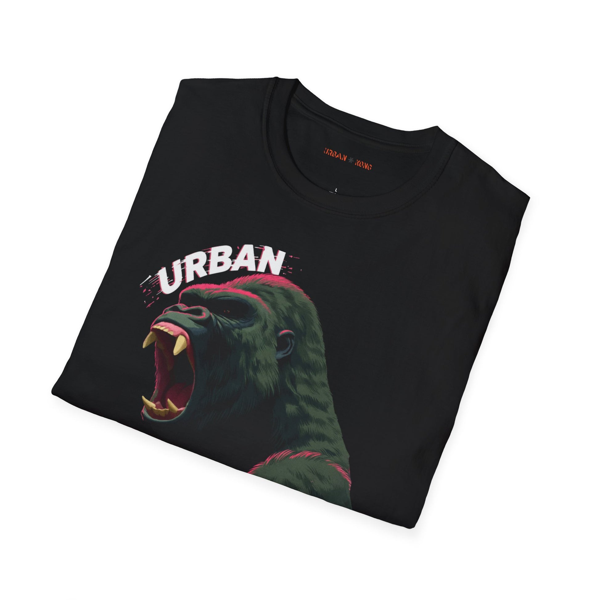 Folded black streetwear t-shirt featuring a graphic of a roaring gorilla in green and purple with 'URBAN' text above his head and  'KONG' below.
