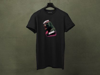 Hanged black streetwear t-shirt featuring a graphic of a roaring gorilla in green and purple with 'URBAN' text above his head and  'KONG' below.