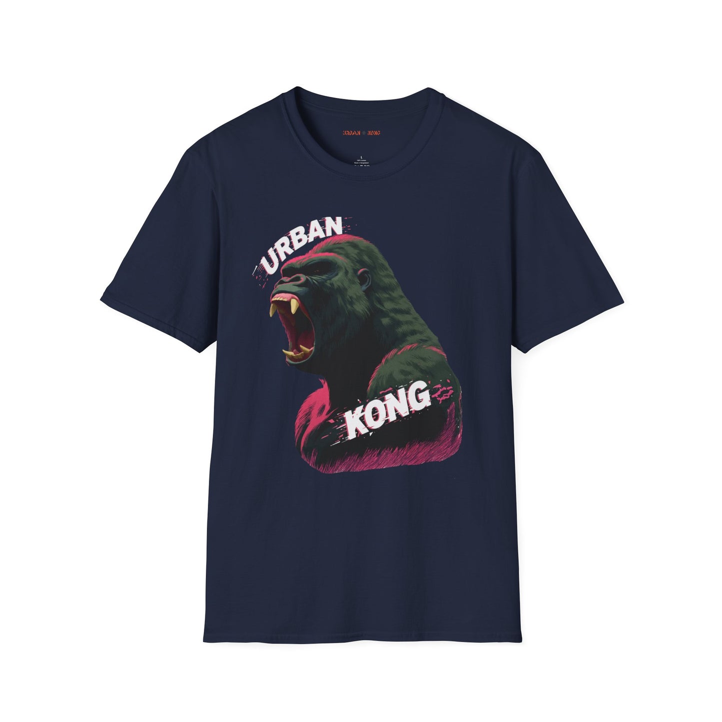 Blue streetwear t-shirt featuring a graphic of a roaring gorilla in green and purple with 'URBAN' text above his head and  'KONG' below.