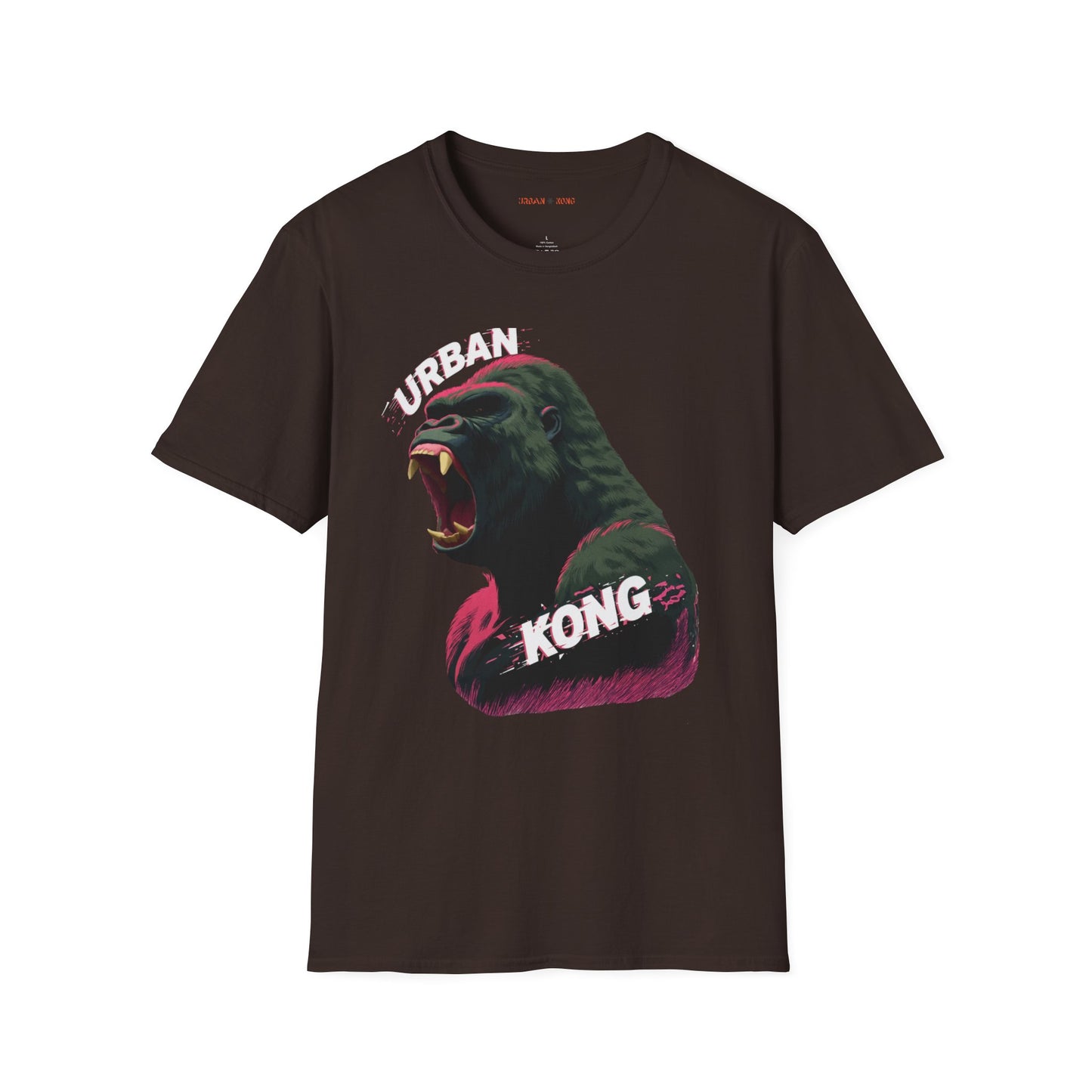 Brown streetwear t-shirt featuring a graphic of a roaring gorilla in green and purple with 'URBAN' text above his head and  'KONG' below.